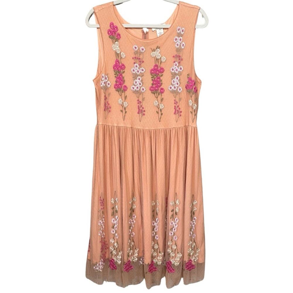 Sundance Tender Moments Dress Size 10 Peach Mesh Embroidered Flowers Sleeveless